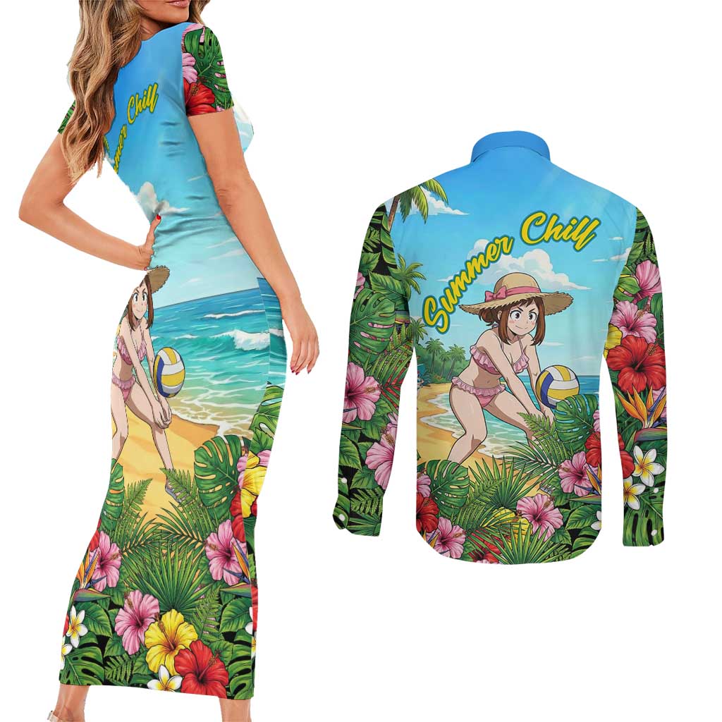 Ochako Uraraka Summer Chill Couples Matching Short Sleeve Bodycon Dress and Long Sleeve Button Shirt Tropical Anime Beach Play