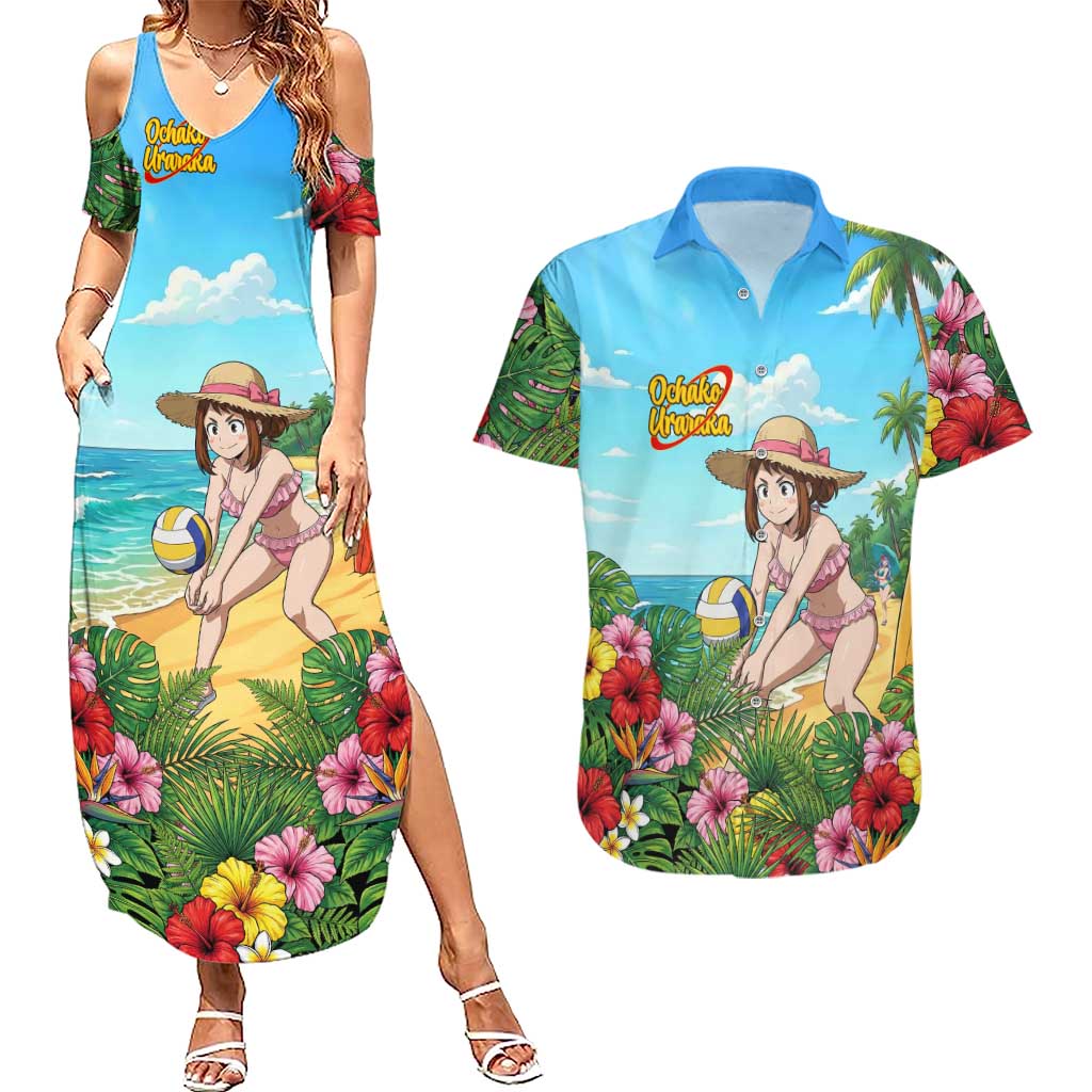 Ochako Uraraka Summer Chill Couples Matching Summer Maxi Dress and Hawaiian Shirt Tropical Anime Beach Play