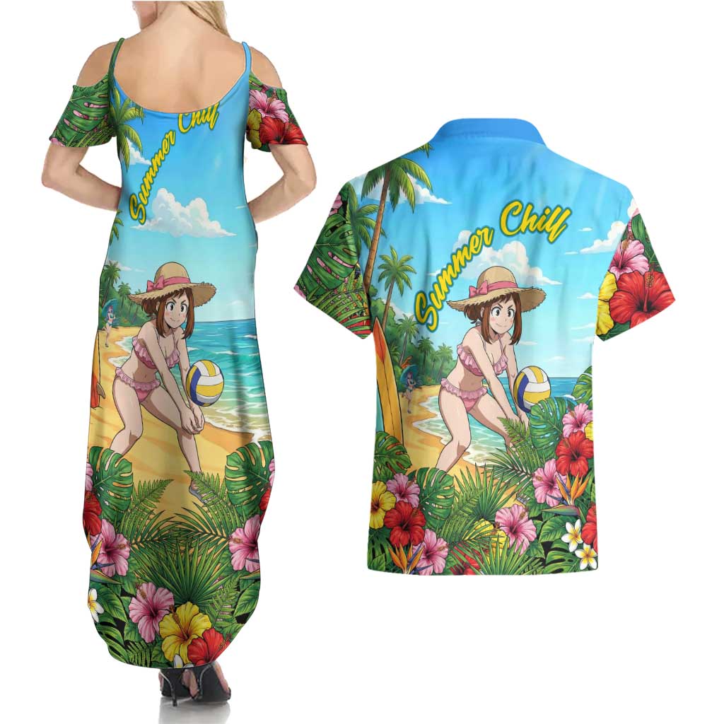 Ochako Uraraka Summer Chill Couples Matching Summer Maxi Dress and Hawaiian Shirt Tropical Anime Beach Play