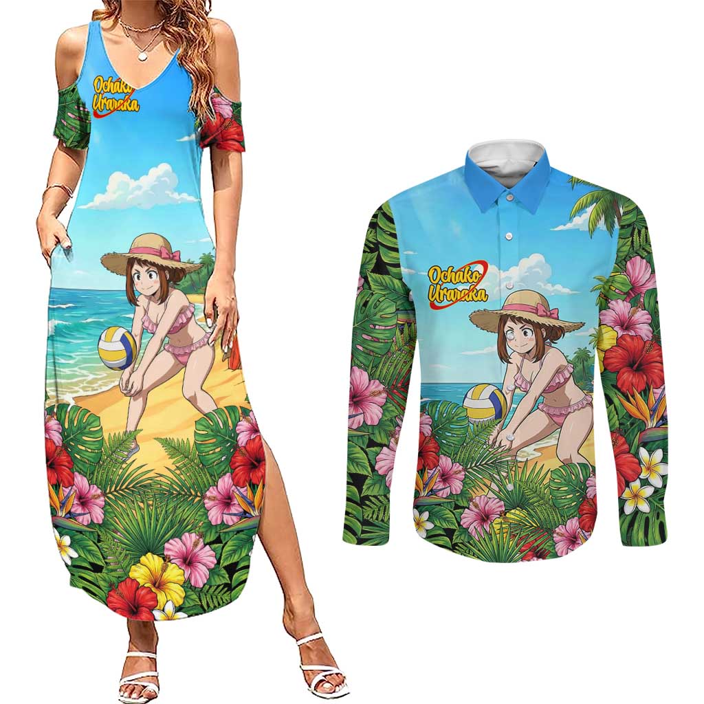 Ochako Uraraka Summer Chill Couples Matching Summer Maxi Dress and Long Sleeve Button Shirt Tropical Anime Beach Play