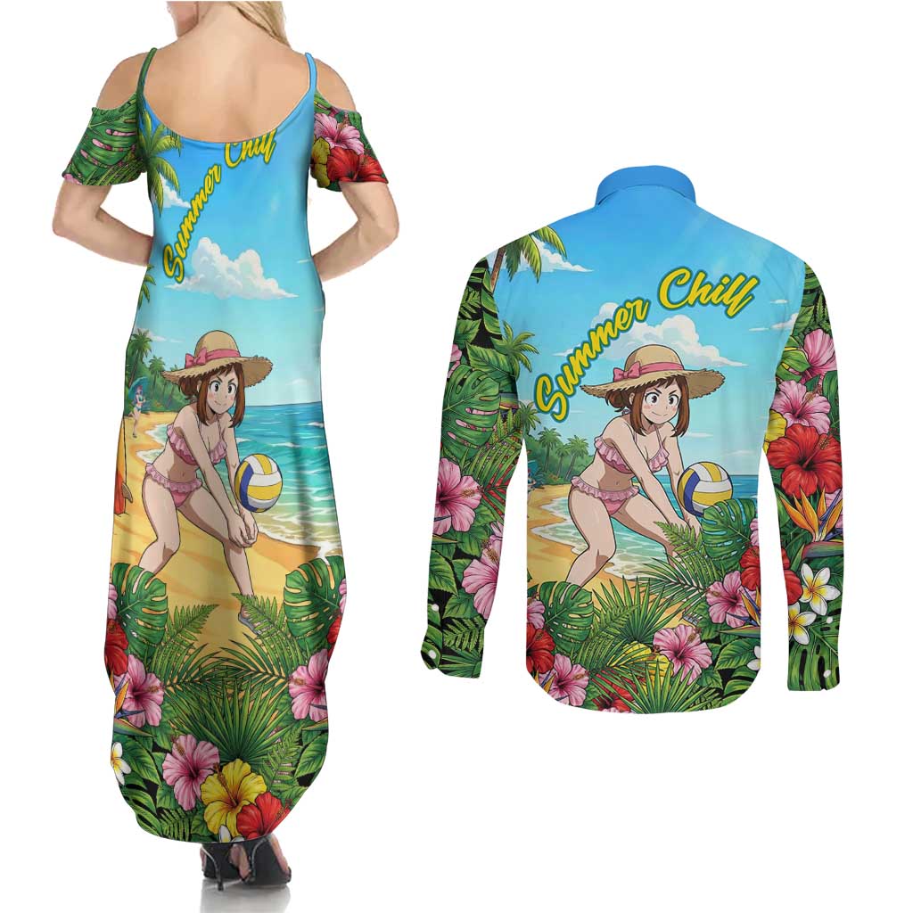 Ochako Uraraka Summer Chill Couples Matching Summer Maxi Dress and Long Sleeve Button Shirt Tropical Anime Beach Play
