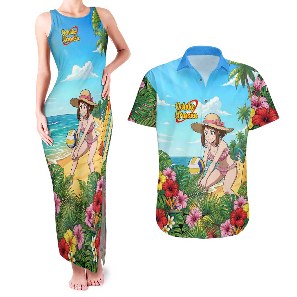 Ochako Uraraka Summer Chill Couples Matching Tank Maxi Dress and Hawaiian Shirt Tropical Anime Beach Play