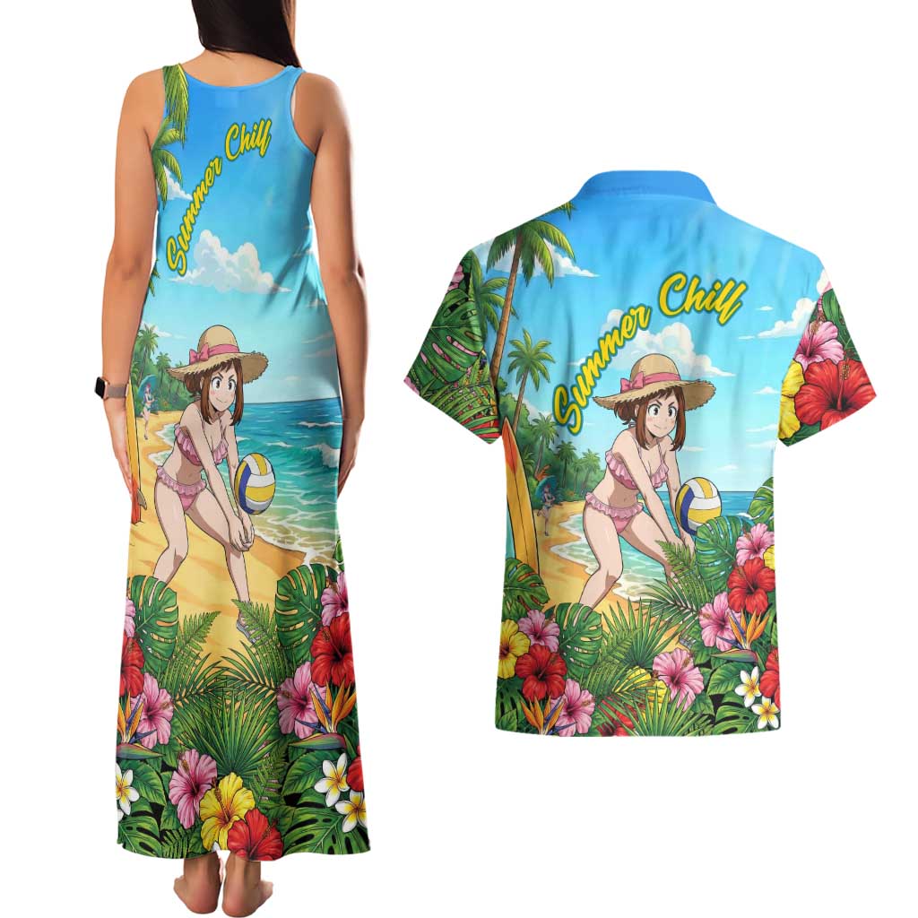 Ochako Uraraka Summer Chill Couples Matching Tank Maxi Dress and Hawaiian Shirt Tropical Anime Beach Play