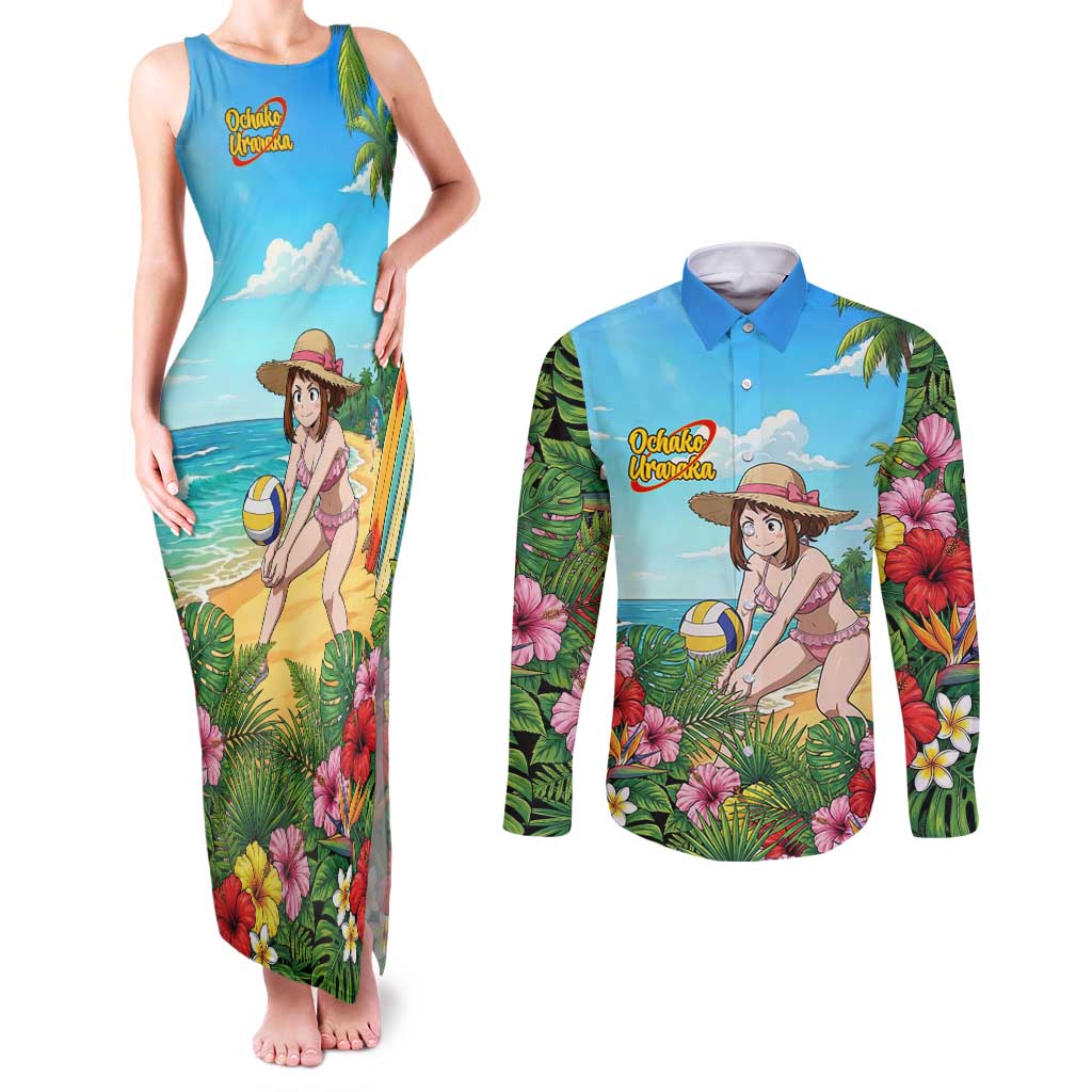 Ochako Uraraka Summer Chill Couples Matching Tank Maxi Dress and Long Sleeve Button Shirt Tropical Anime Beach Play