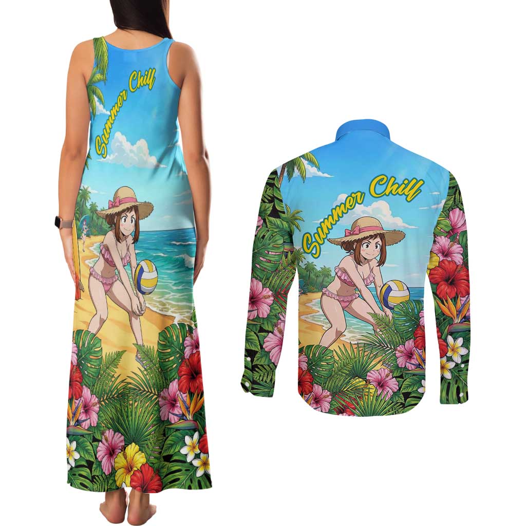 Ochako Uraraka Summer Chill Couples Matching Tank Maxi Dress and Long Sleeve Button Shirt Tropical Anime Beach Play