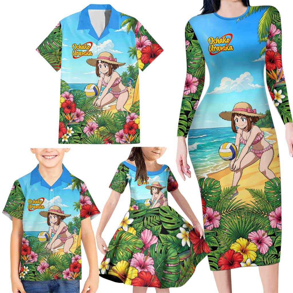 Ochako Uraraka Summer Chill Family Matching Long Sleeve Bodycon Dress and Hawaiian Shirt Tropical Anime Beach Play