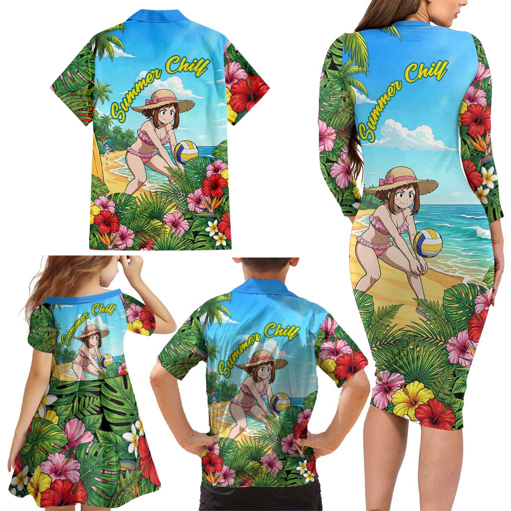 Ochako Uraraka Summer Chill Family Matching Long Sleeve Bodycon Dress and Hawaiian Shirt Tropical Anime Beach Play
