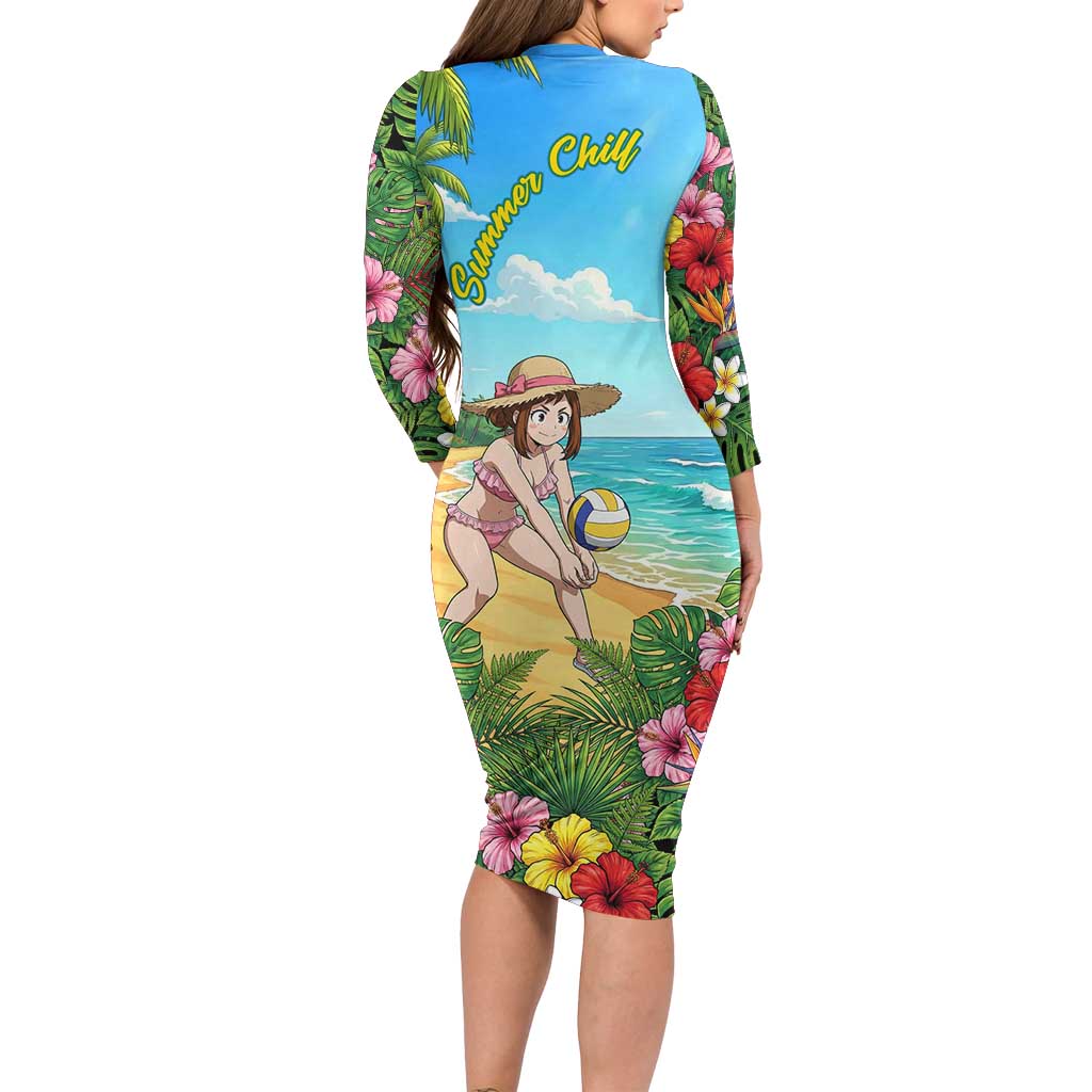 Ochako Uraraka Summer Chill Family Matching Long Sleeve Bodycon Dress and Hawaiian Shirt Tropical Anime Beach Play