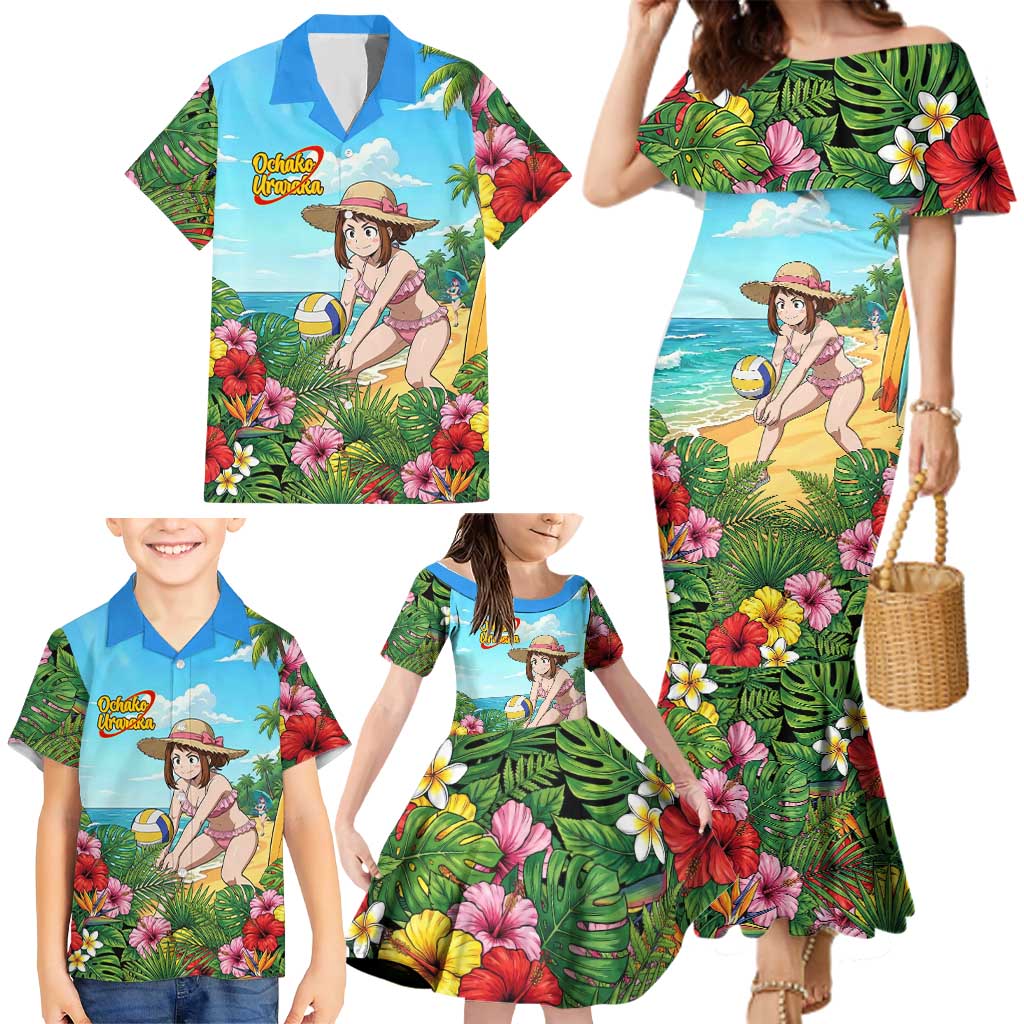 Ochako Uraraka Summer Chill Family Matching Mermaid Dress and Hawaiian Shirt Tropical Anime Beach Play