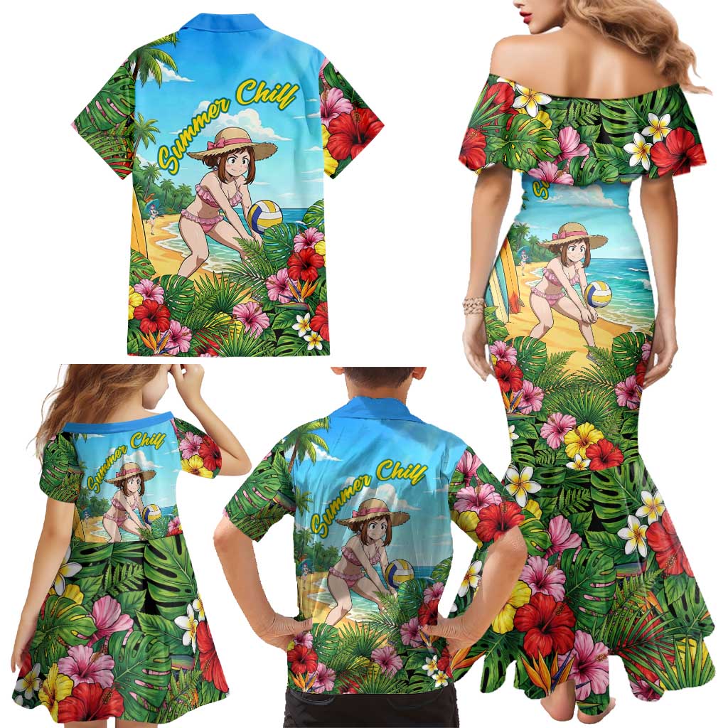 Ochako Uraraka Summer Chill Family Matching Mermaid Dress and Hawaiian Shirt Tropical Anime Beach Play