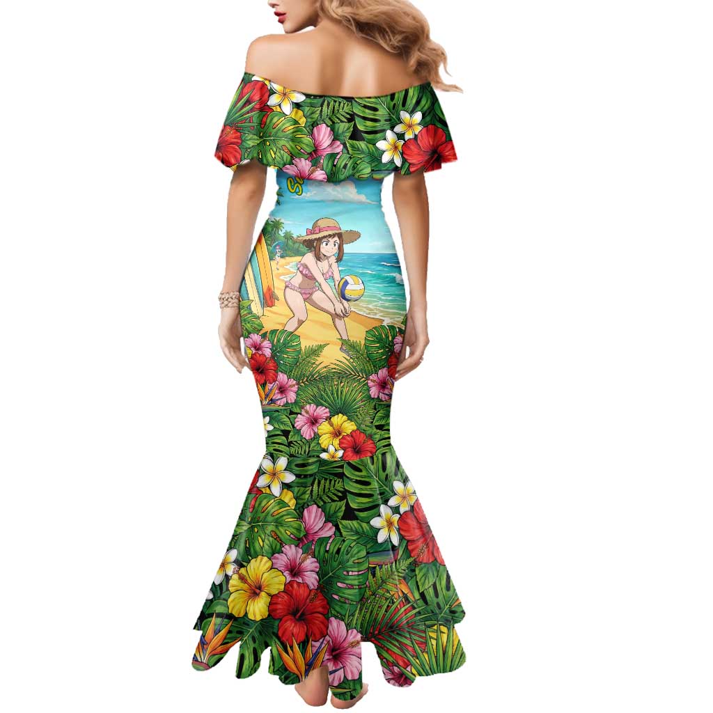 Ochako Uraraka Summer Chill Family Matching Mermaid Dress and Hawaiian Shirt Tropical Anime Beach Play