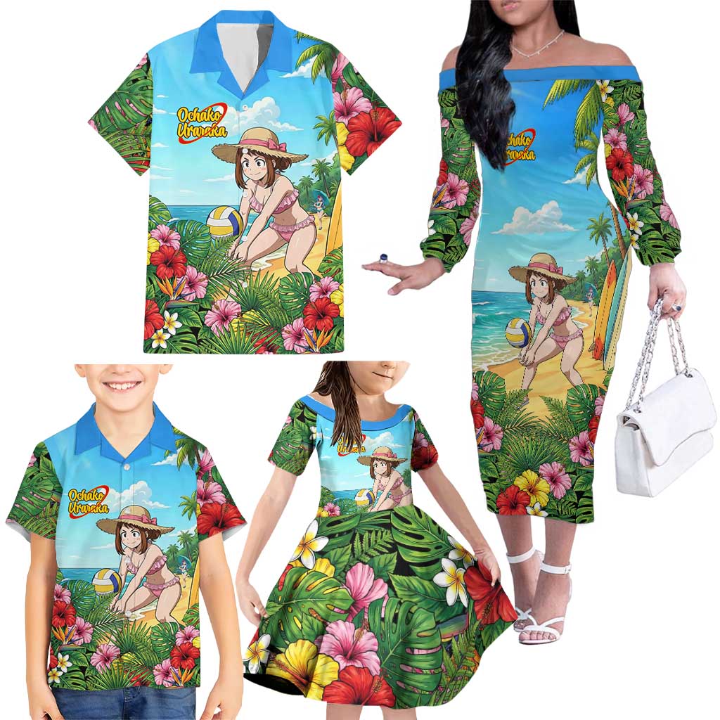 Ochako Uraraka Summer Chill Family Matching Off The Shoulder Long Sleeve Dress and Hawaiian Shirt Tropical Anime Beach Play