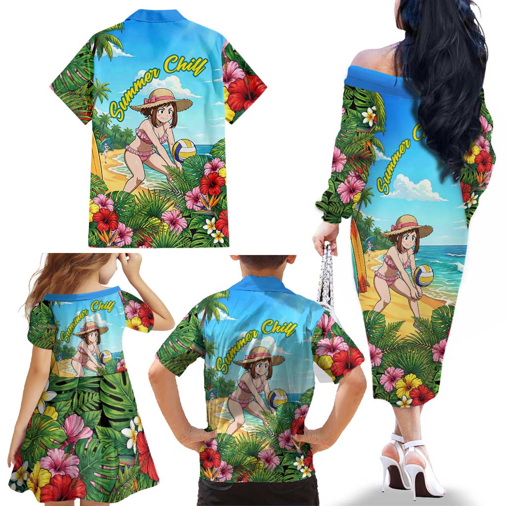 Ochako Uraraka Summer Chill Family Matching Off The Shoulder Long Sleeve Dress and Hawaiian Shirt Tropical Anime Beach Play