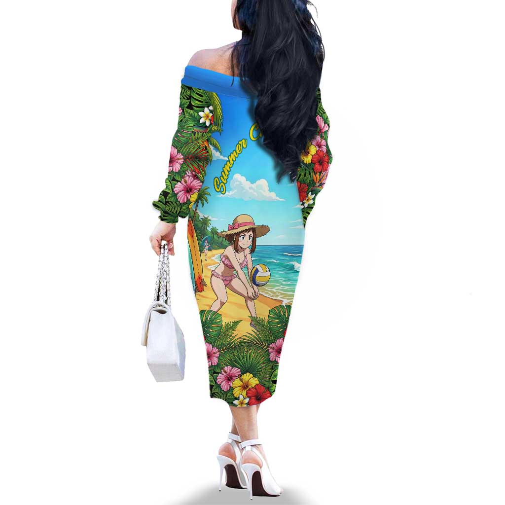 Ochako Uraraka Summer Chill Family Matching Off The Shoulder Long Sleeve Dress and Hawaiian Shirt Tropical Anime Beach Play