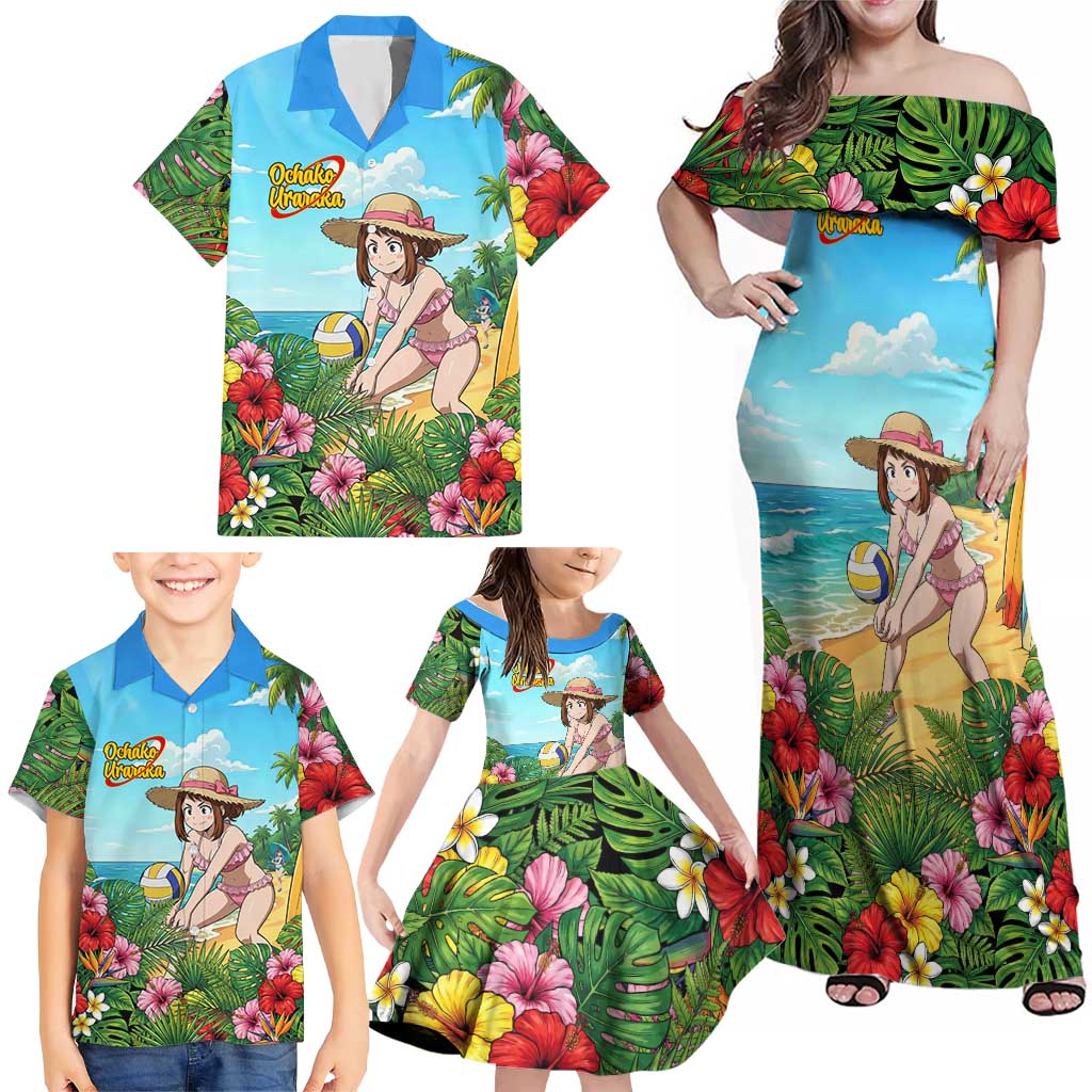 Ochako Uraraka Summer Chill Family Matching Off Shoulder Maxi Dress and Hawaiian Shirt Tropical Anime Beach Play