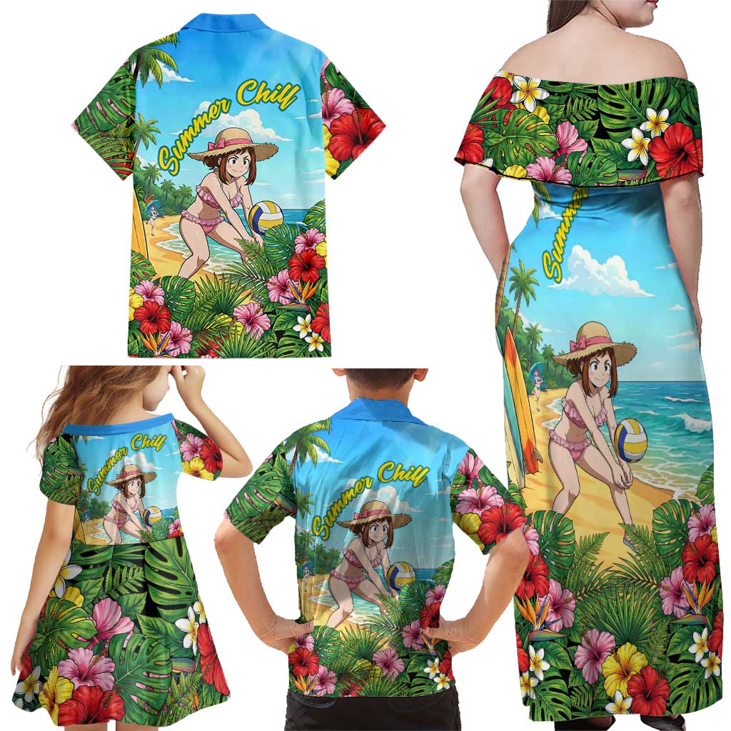 Ochako Uraraka Summer Chill Family Matching Off Shoulder Maxi Dress and Hawaiian Shirt Tropical Anime Beach Play
