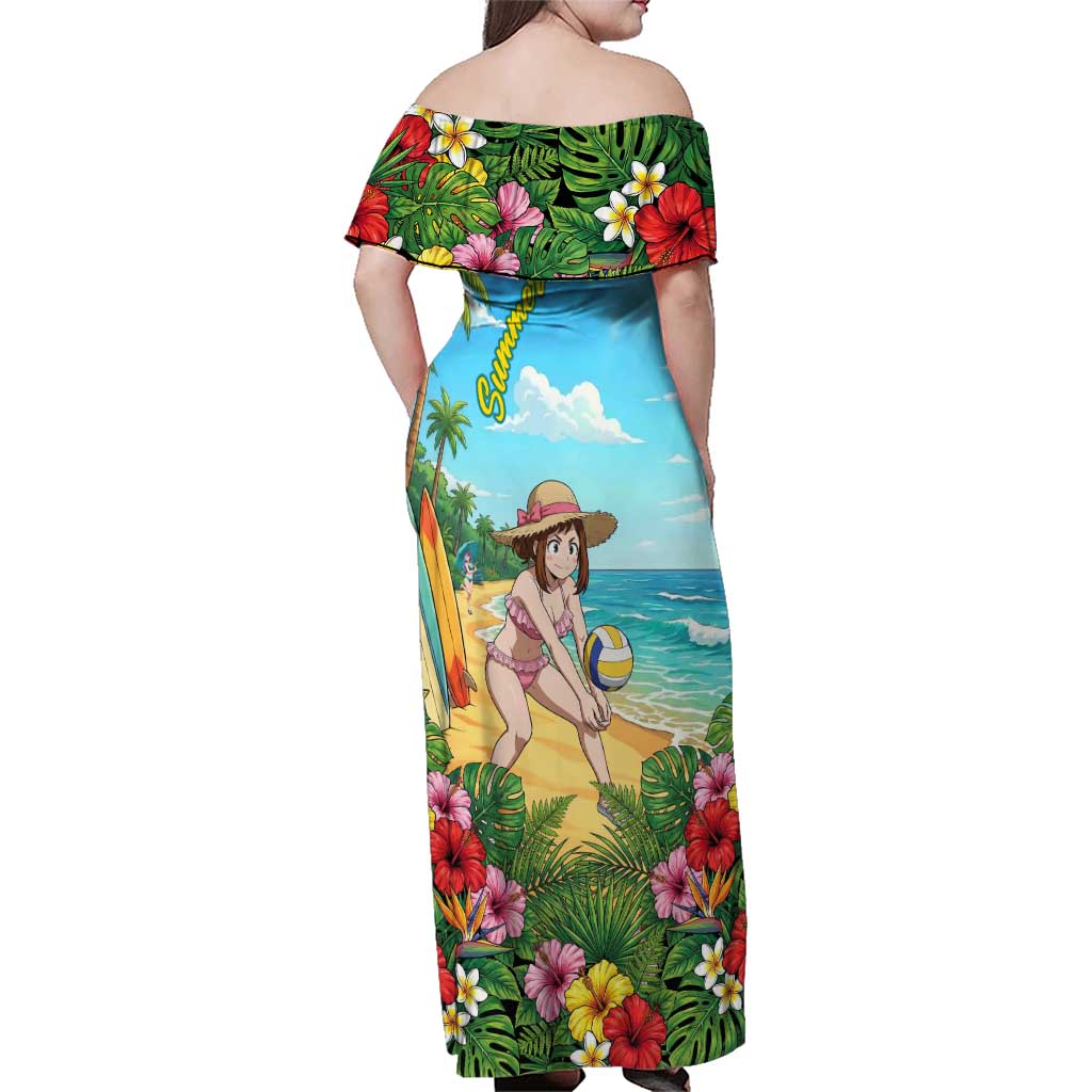 Ochako Uraraka Summer Chill Family Matching Off Shoulder Maxi Dress and Hawaiian Shirt Tropical Anime Beach Play
