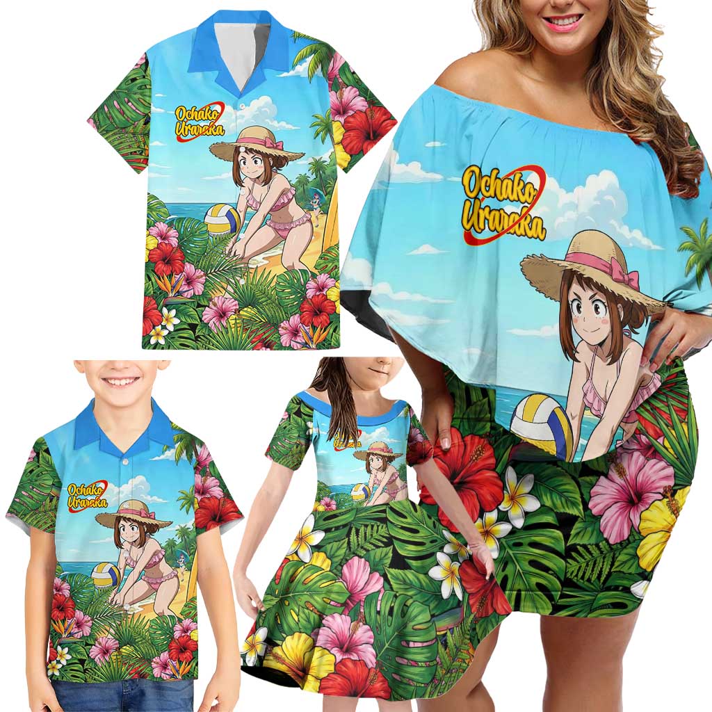 Ochako Uraraka Summer Chill Family Matching Off Shoulder Short Dress and Hawaiian Shirt Tropical Anime Beach Play