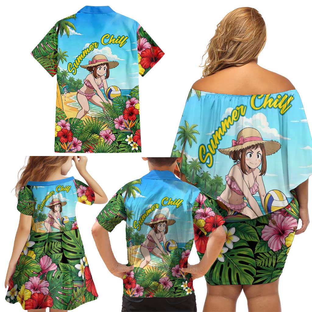Ochako Uraraka Summer Chill Family Matching Off Shoulder Short Dress and Hawaiian Shirt Tropical Anime Beach Play