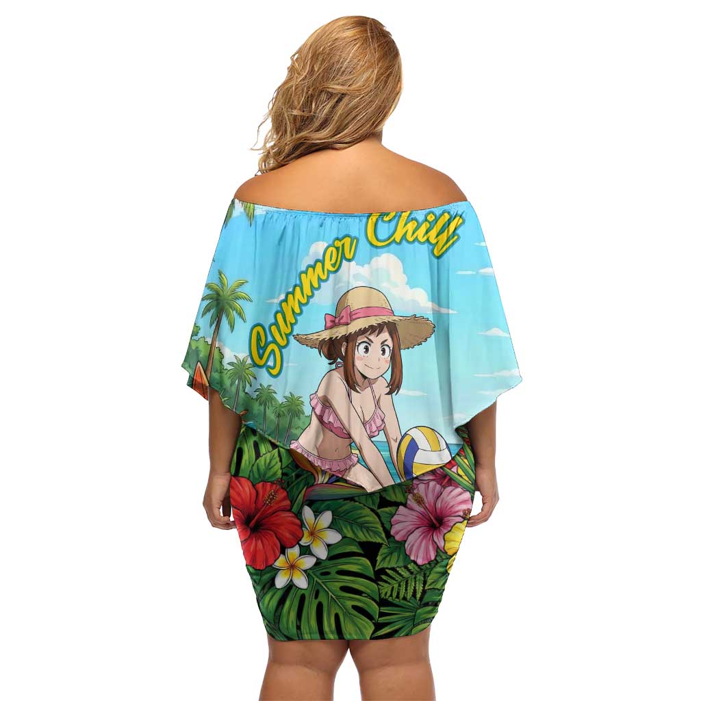 Ochako Uraraka Summer Chill Family Matching Off Shoulder Short Dress and Hawaiian Shirt Tropical Anime Beach Play