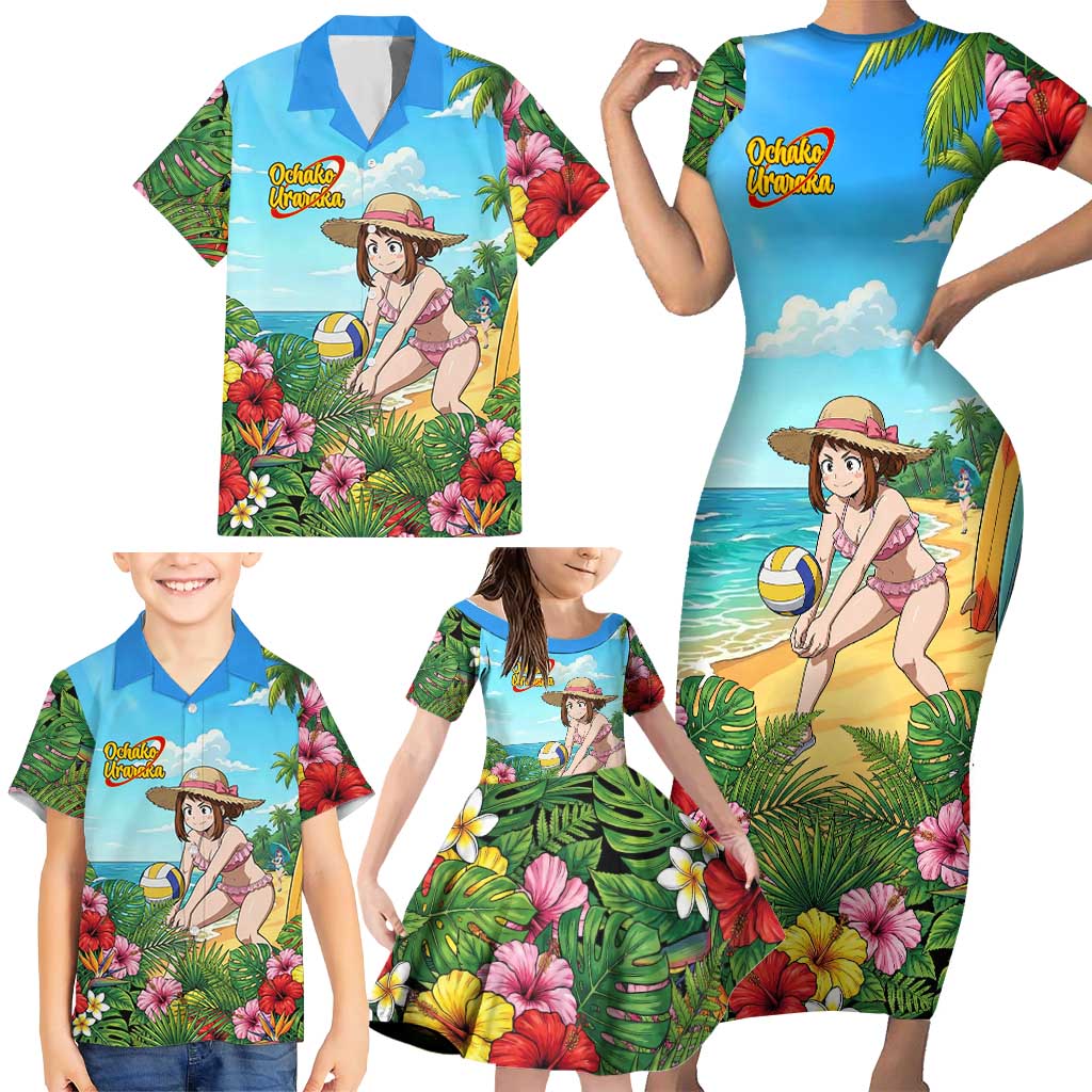 Ochako Uraraka Summer Chill Family Matching Short Sleeve Bodycon Dress and Hawaiian Shirt Tropical Anime Beach Play