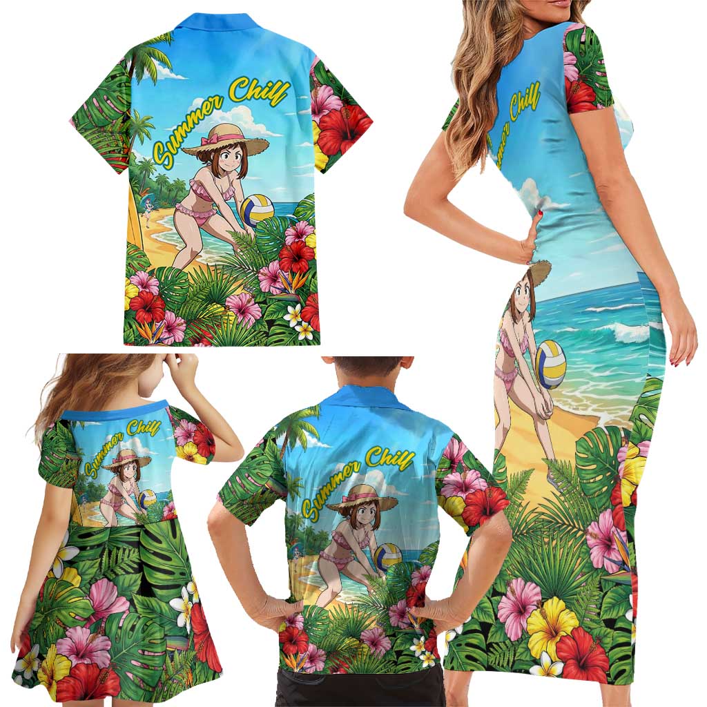 Ochako Uraraka Summer Chill Family Matching Short Sleeve Bodycon Dress and Hawaiian Shirt Tropical Anime Beach Play