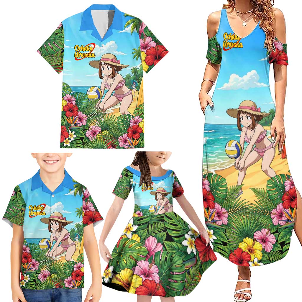 Ochako Uraraka Summer Chill Family Matching Summer Maxi Dress and Hawaiian Shirt Tropical Anime Beach Play