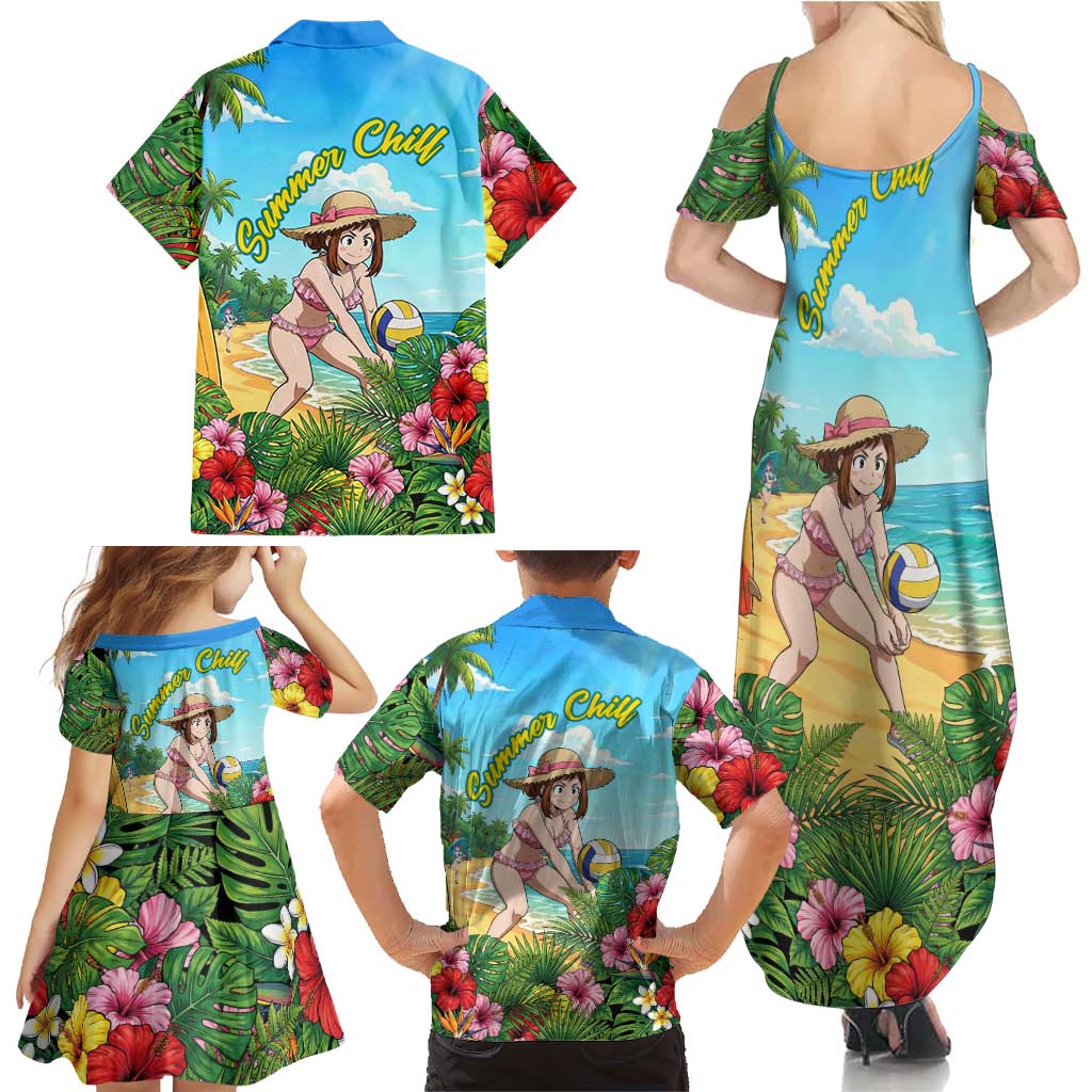 Ochako Uraraka Summer Chill Family Matching Summer Maxi Dress and Hawaiian Shirt Tropical Anime Beach Play