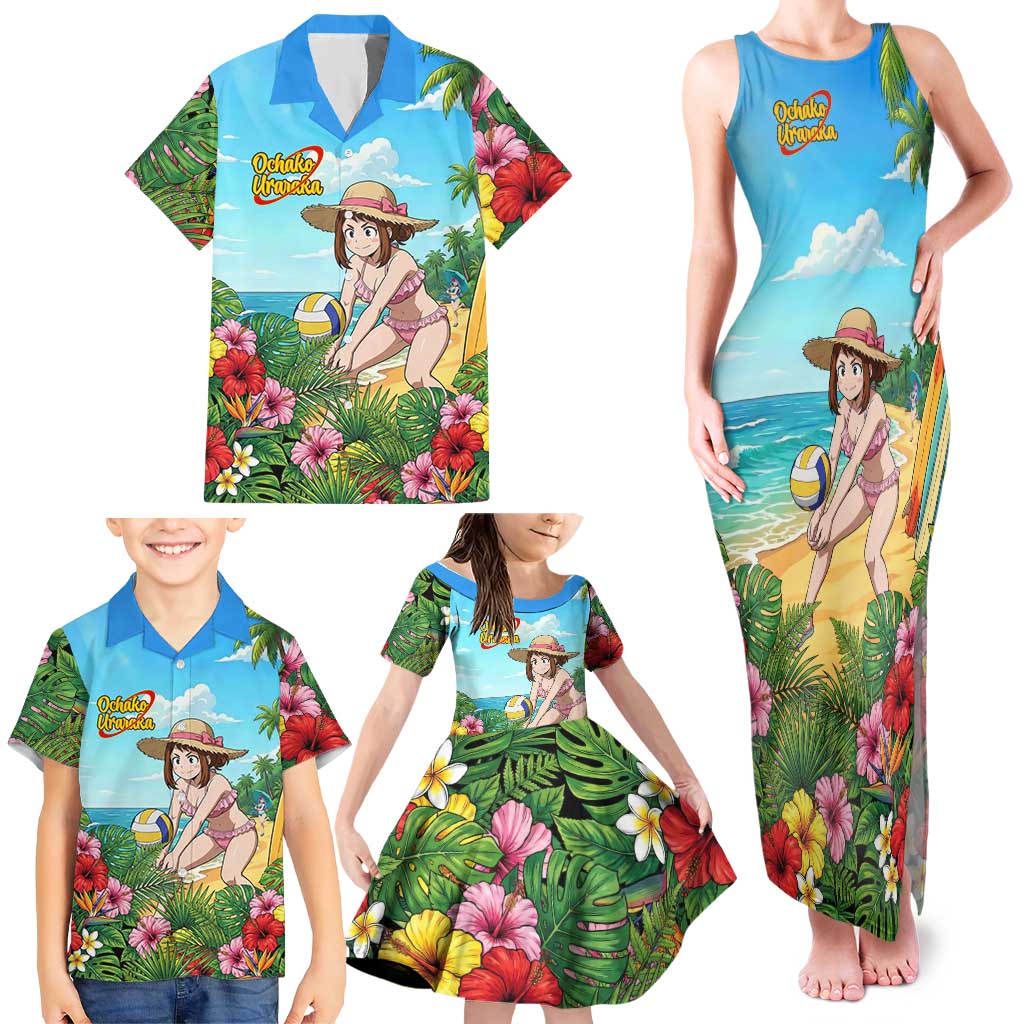 Ochako Uraraka Summer Chill Family Matching Tank Maxi Dress and Hawaiian Shirt Tropical Anime Beach Play