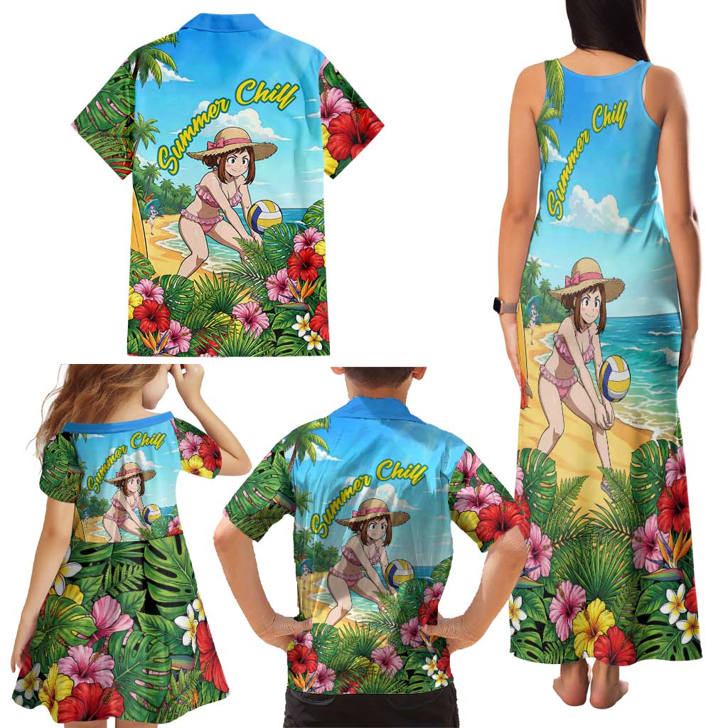Ochako Uraraka Summer Chill Family Matching Tank Maxi Dress and Hawaiian Shirt Tropical Anime Beach Play