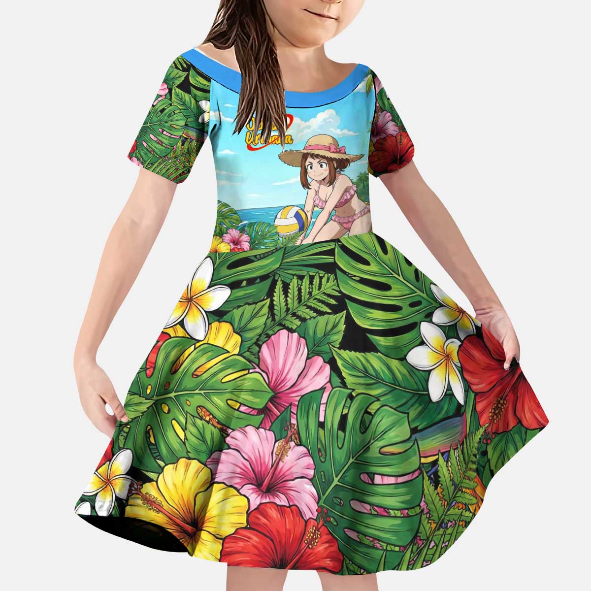 Ochako Uraraka Summer Chill Kid Short Sleeve Dress Tropical Anime Beach Play