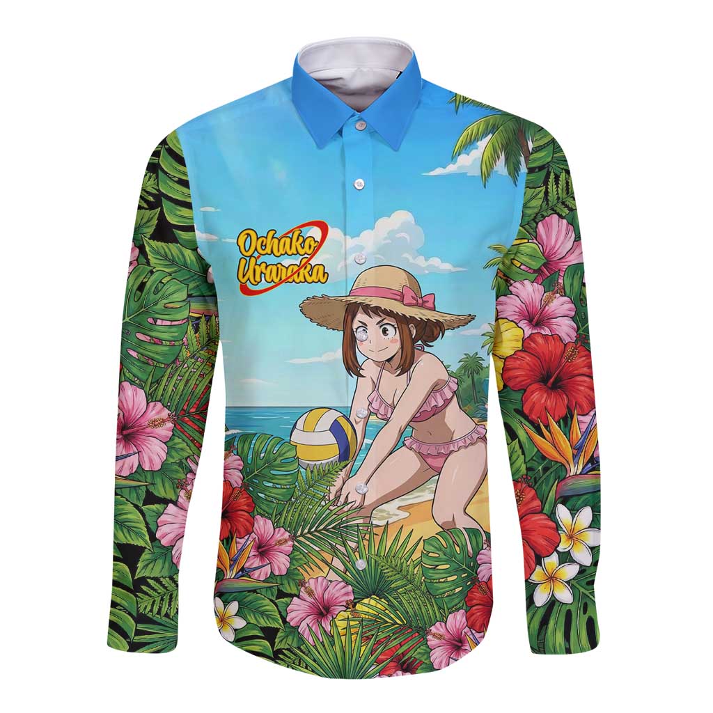 Ochako Uraraka Summer Chill Long Sleeve Button Shirt Tropical Anime Beach Play