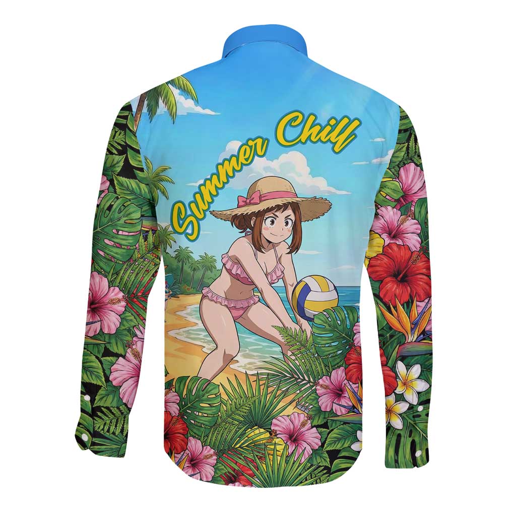 Ochako Uraraka Summer Chill Long Sleeve Button Shirt Tropical Anime Beach Play