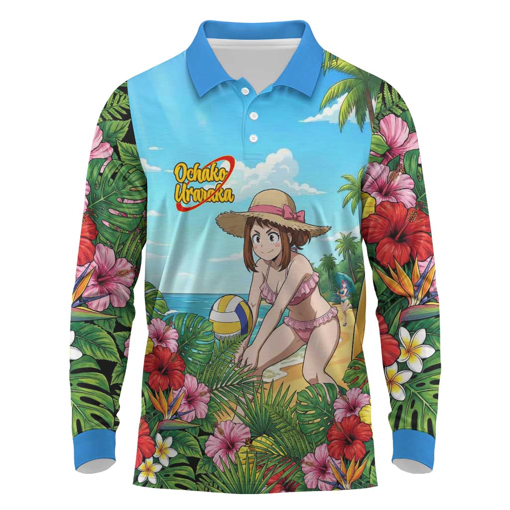 Ochako Uraraka Summer Chill Long Sleeve Polo Shirt Tropical Anime Beach Play