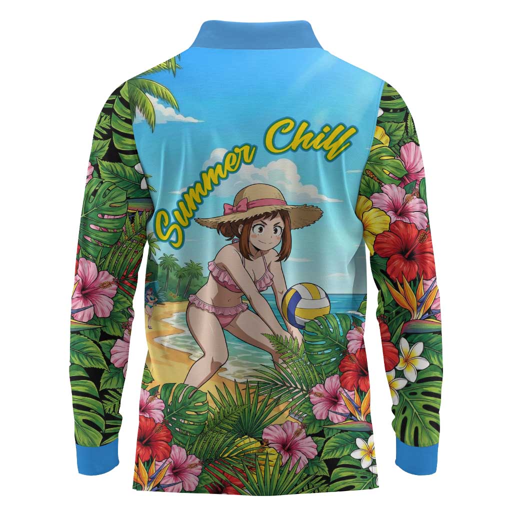 Ochako Uraraka Summer Chill Long Sleeve Polo Shirt Tropical Anime Beach Play