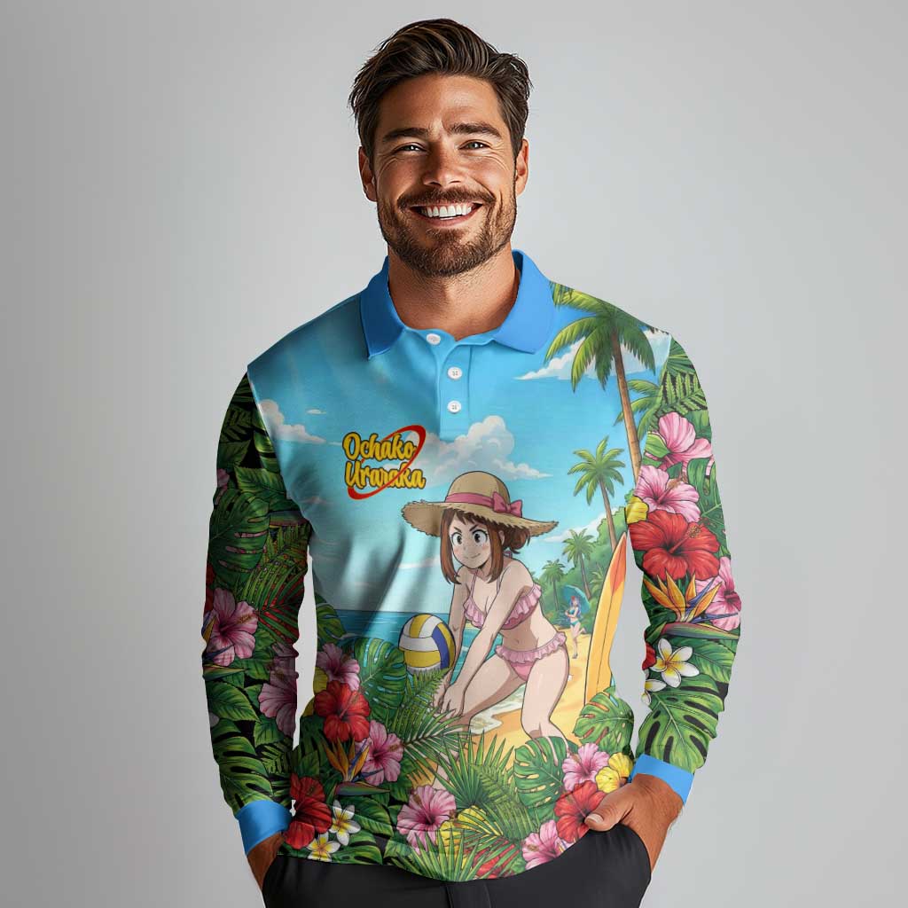 Ochako Uraraka Summer Chill Long Sleeve Polo Shirt Tropical Anime Beach Play