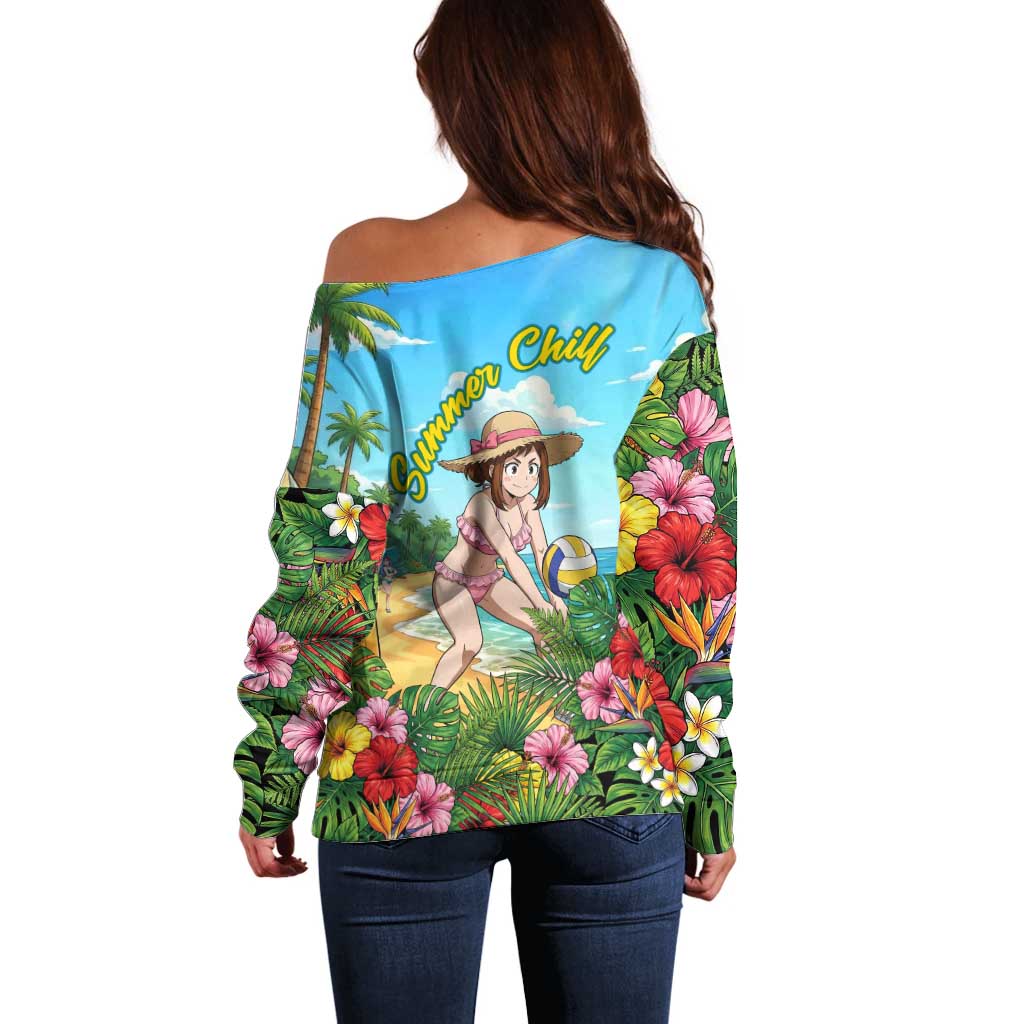 Ochako Uraraka Summer Chill Off Shoulder Sweater Tropical Anime Beach Play