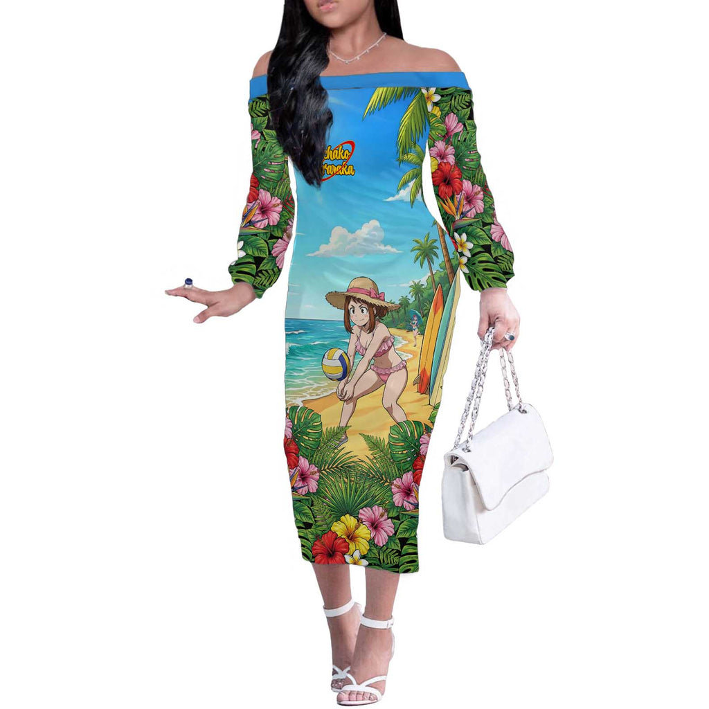 Ochako Uraraka Summer Chill Off The Shoulder Long Sleeve Dress Tropical Anime Beach Play