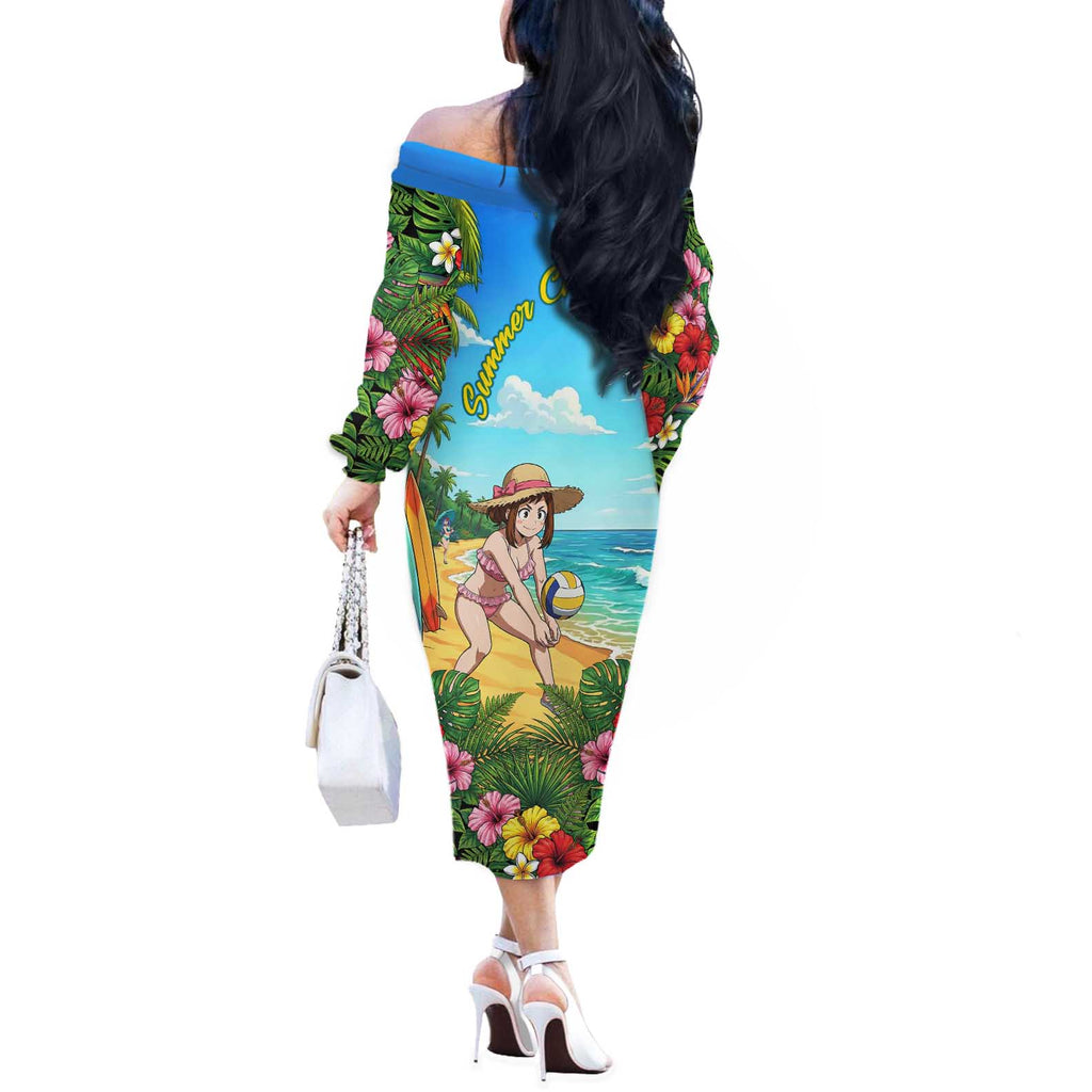 Ochako Uraraka Summer Chill Off The Shoulder Long Sleeve Dress Tropical Anime Beach Play