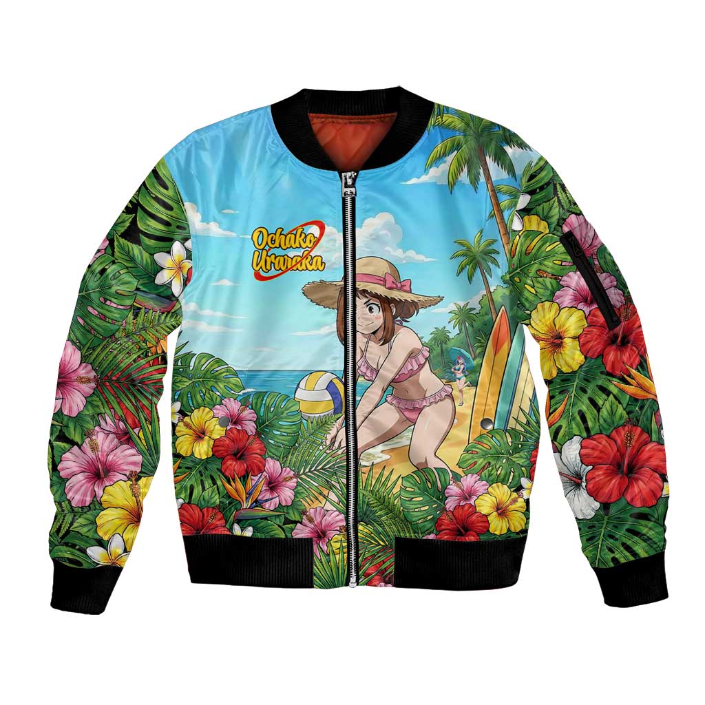 Ochako Uraraka Summer Chill Sleeve Zip Bomber Jacket Tropical Anime Beach Play