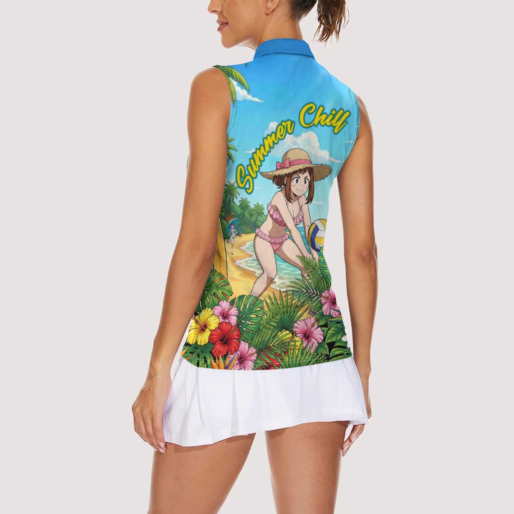 Ochako Uraraka Summer Chill Women Sleeveless Polo Shirt Tropical Anime Beach Play