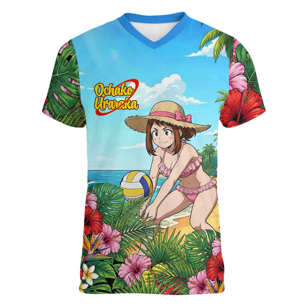 Ochako Uraraka Summer Chill Women V-Neck T-Shirt Tropical Anime Beach Play