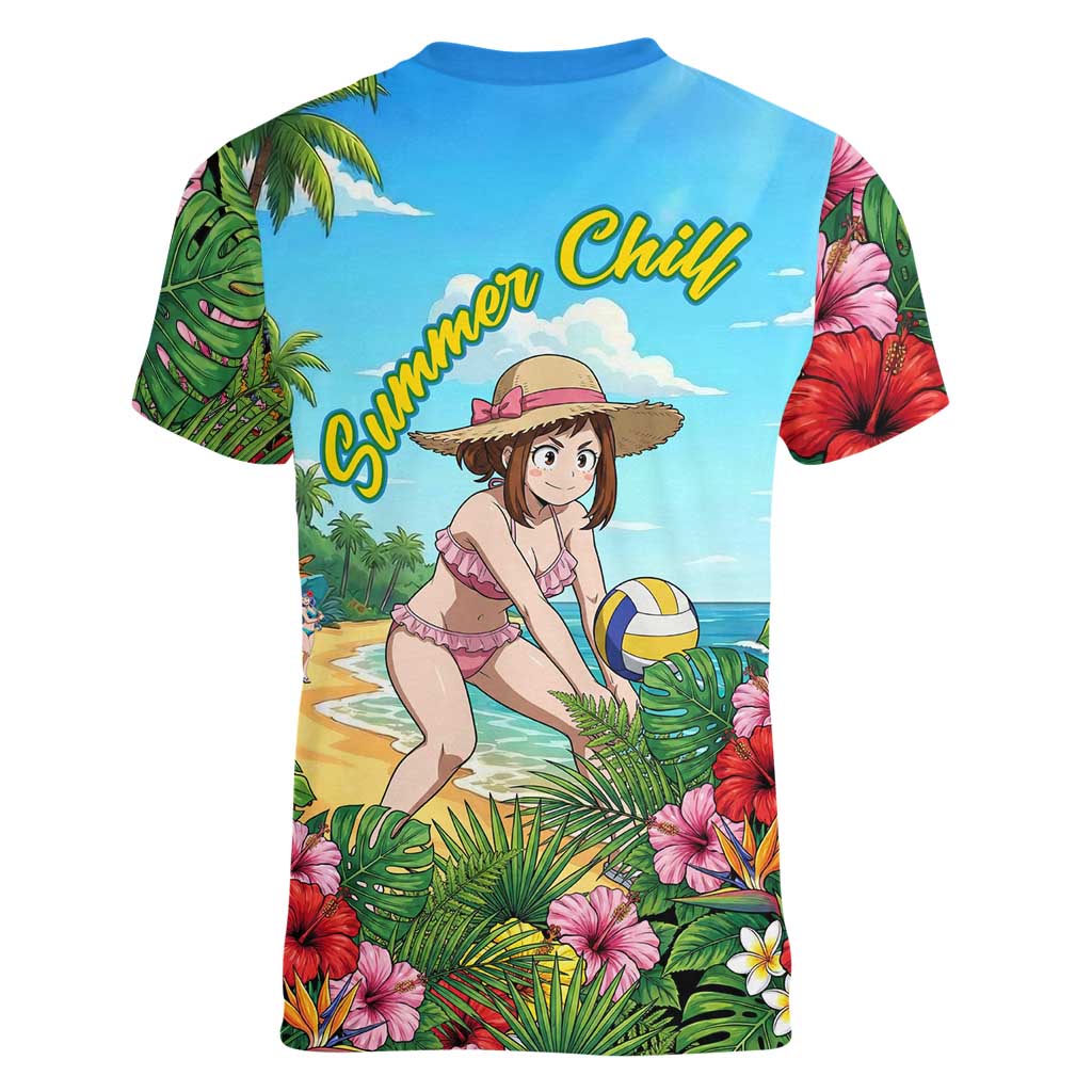 Ochako Uraraka Summer Chill Women V-Neck T-Shirt Tropical Anime Beach Play