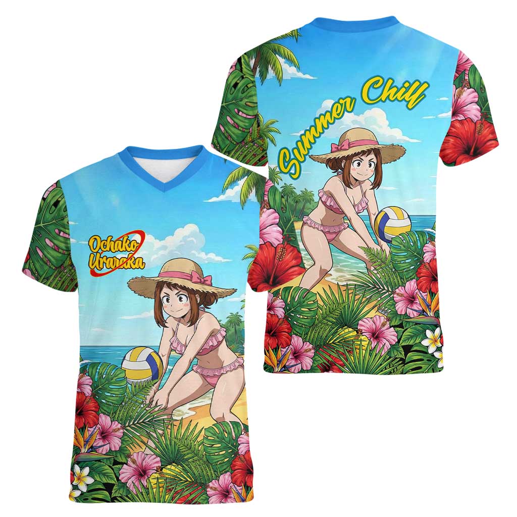 Ochako Uraraka Summer Chill Women V-Neck T-Shirt Tropical Anime Beach Play