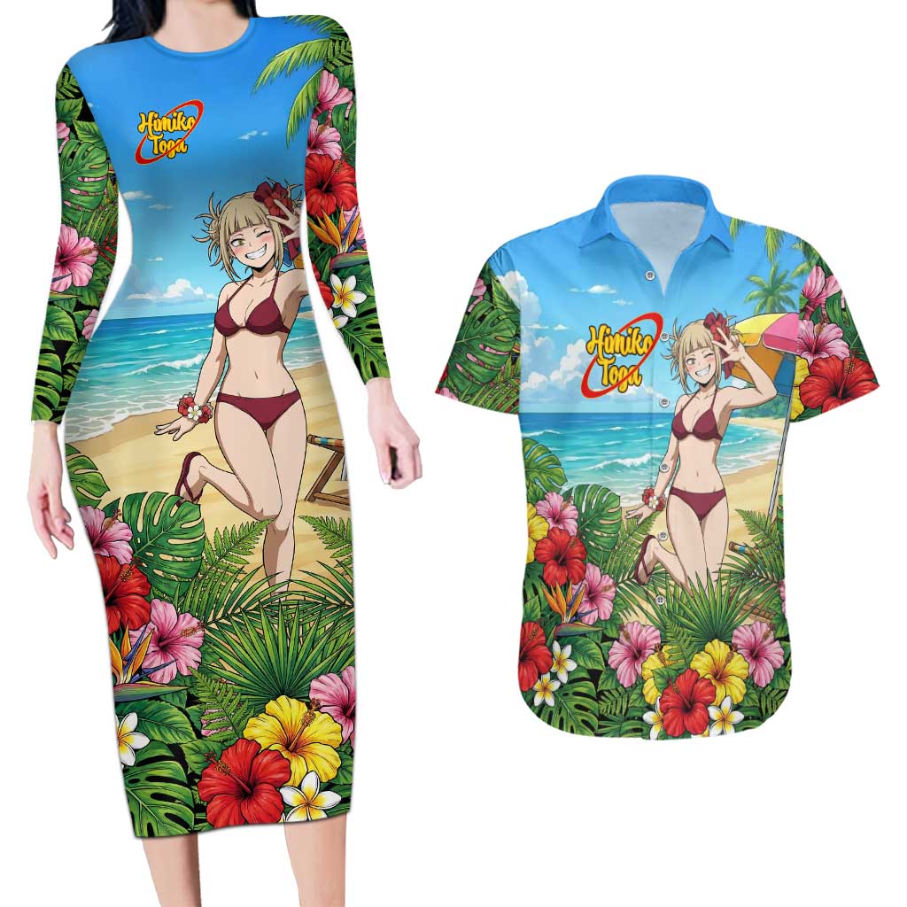 Himiko Toga Summer Chill Couples Matching Long Sleeve Bodycon Dress and Hawaiian Shirt Tropical Anime Paradise Art