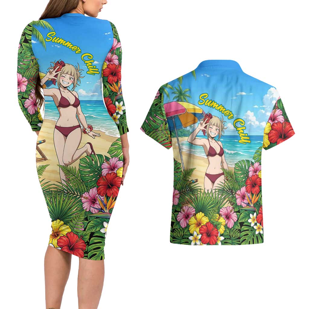 Himiko Toga Summer Chill Couples Matching Long Sleeve Bodycon Dress and Hawaiian Shirt Tropical Anime Paradise Art