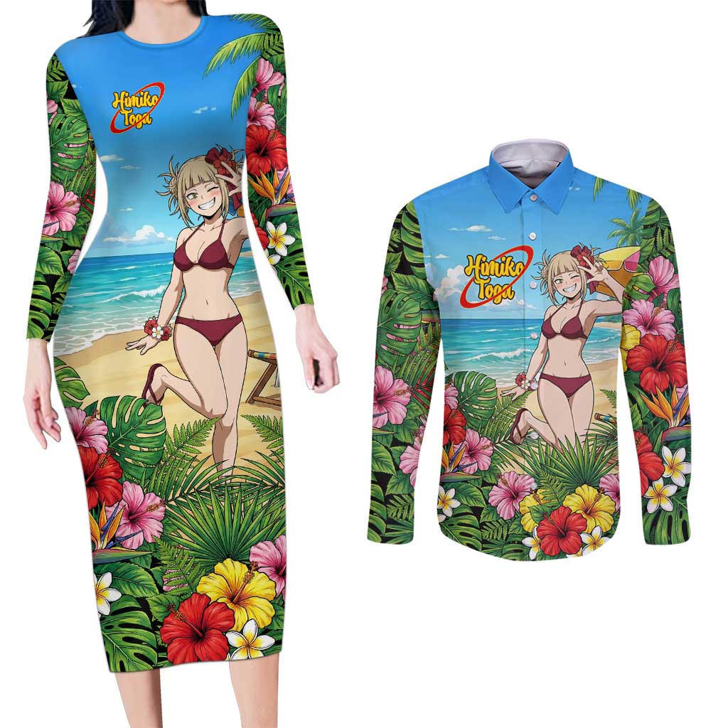 Himiko Toga Summer Chill Couples Matching Long Sleeve Bodycon Dress and Long Sleeve Button Shirt Tropical Anime Paradise Art