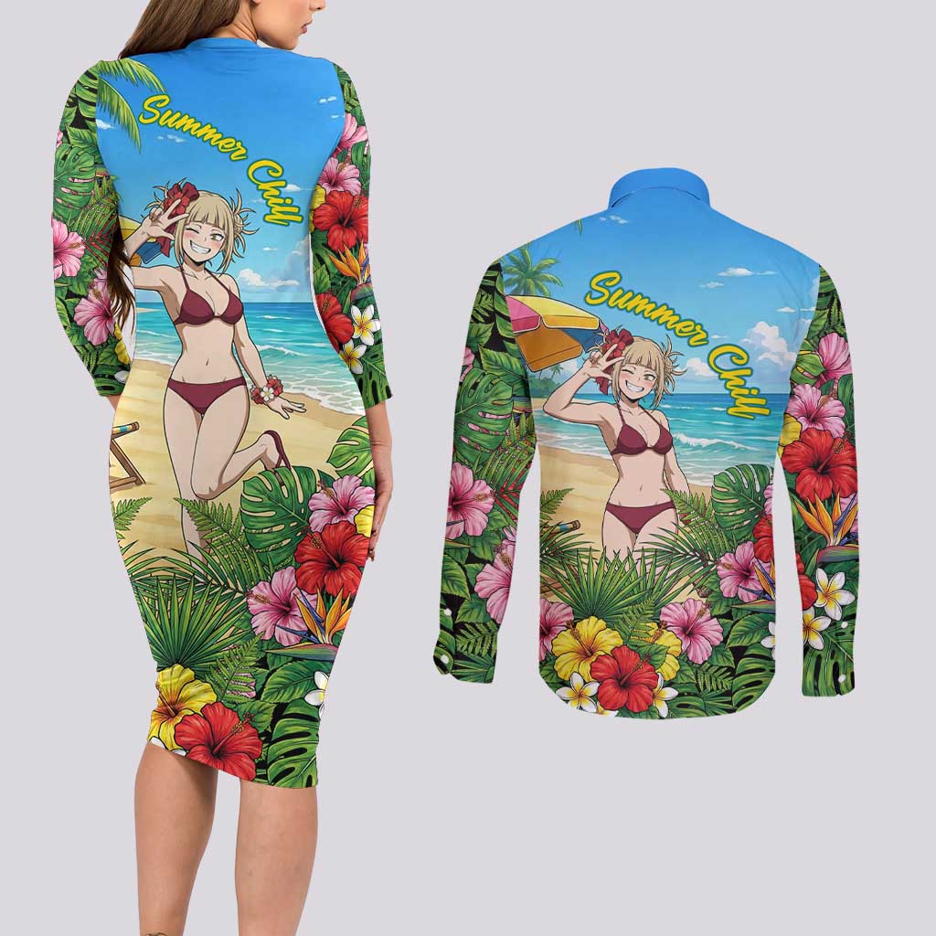 Himiko Toga Summer Chill Couples Matching Long Sleeve Bodycon Dress and Long Sleeve Button Shirt Tropical Anime Paradise Art