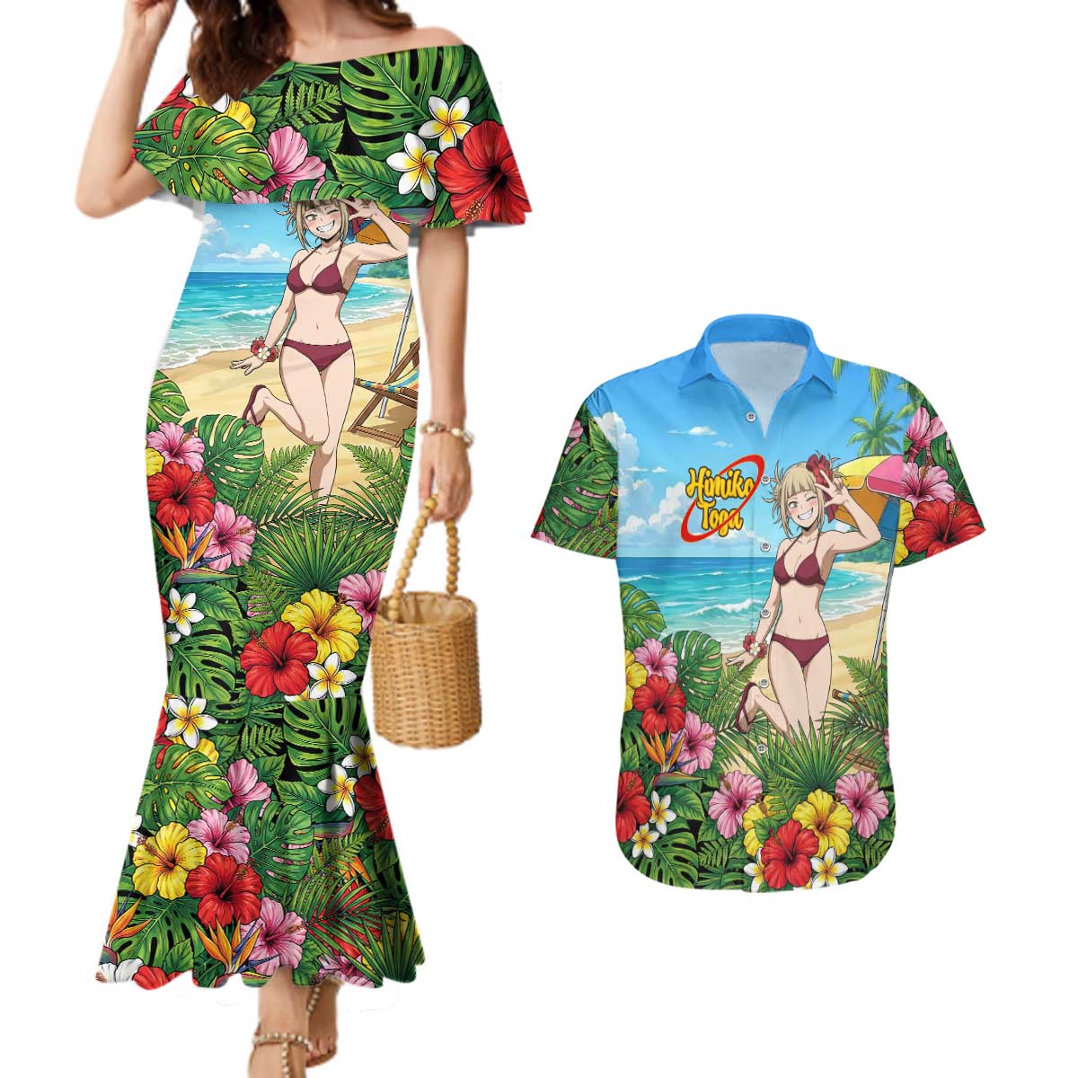 Himiko Toga Summer Chill Couples Matching Mermaid Dress and Hawaiian Shirt Tropical Anime Paradise Art