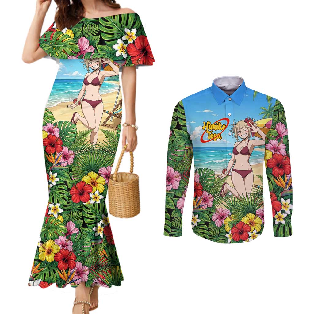 Himiko Toga Summer Chill Couples Matching Mermaid Dress and Long Sleeve Button Shirt Tropical Anime Paradise Art